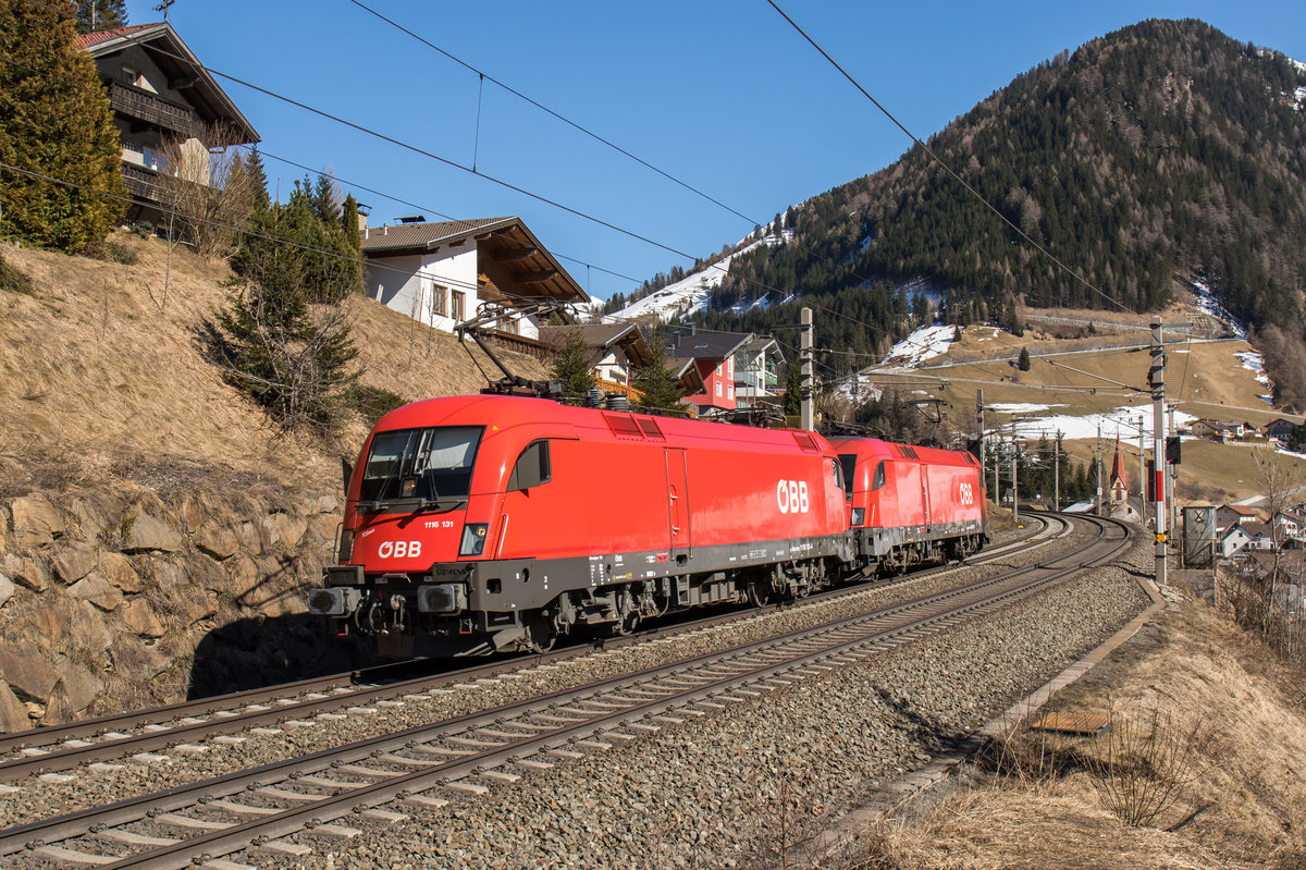 1116 131-4 und 1016 031-7 waren am 19. M�rz 2016 bei St. Jodok auf dem Weg nach Innsbruck.