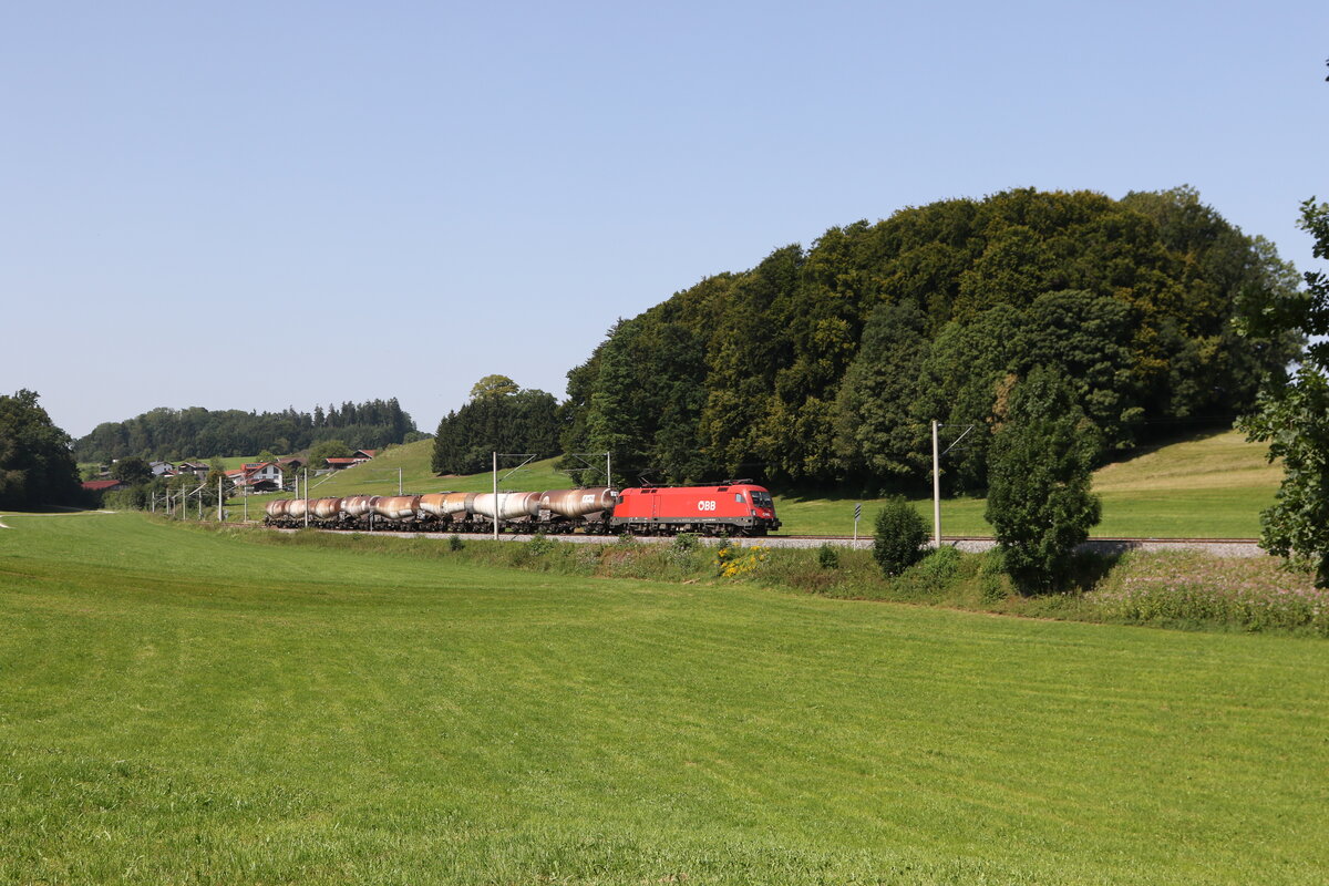 1116 181 war mit einem Kesselwagenzug am 13. August 2025 bei Axdorf in Richtung Salzburg unterwegs.