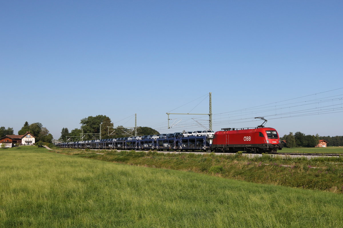 1116 184 war am 30. Juli 2020 mit einem Autozug bei �bersee am Chiemsee in Richtung Salzburg unterwegs.