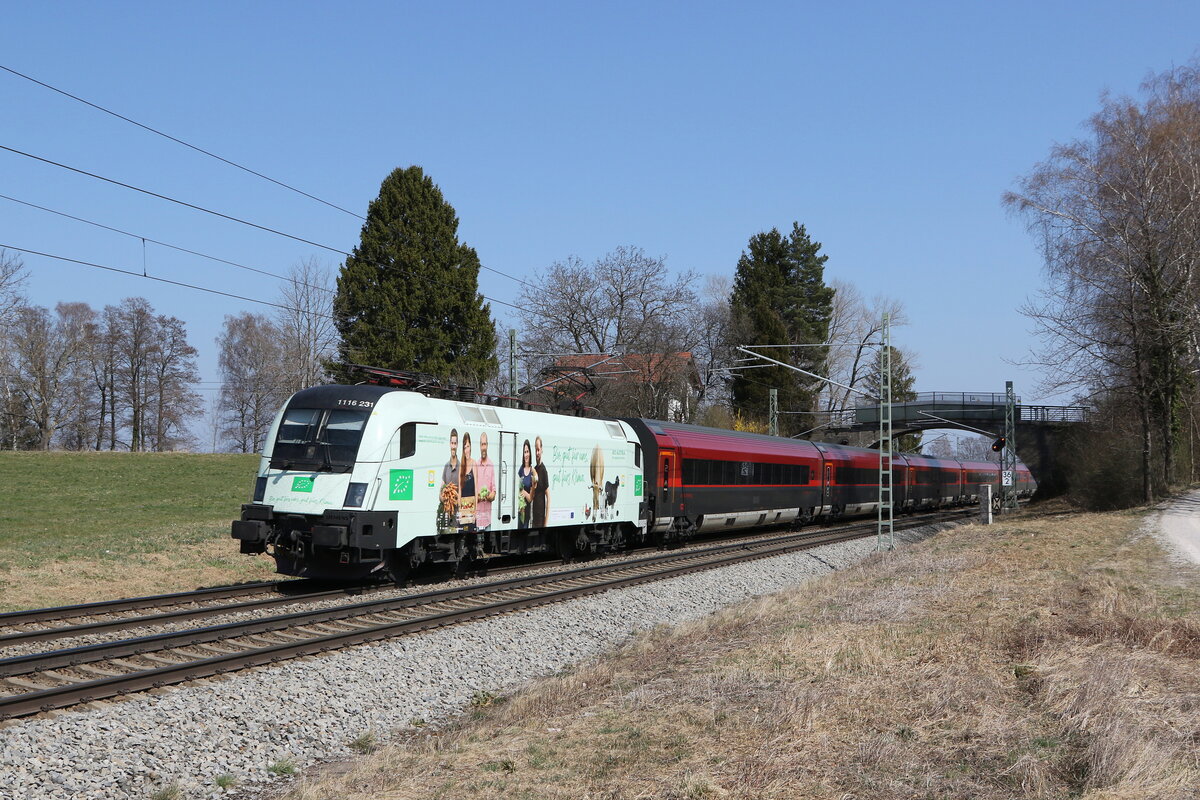 1116 231  Bio Austria  aus Salzburg kommend am 28. M�rz 2022 bei �bersee am Chiemsee.