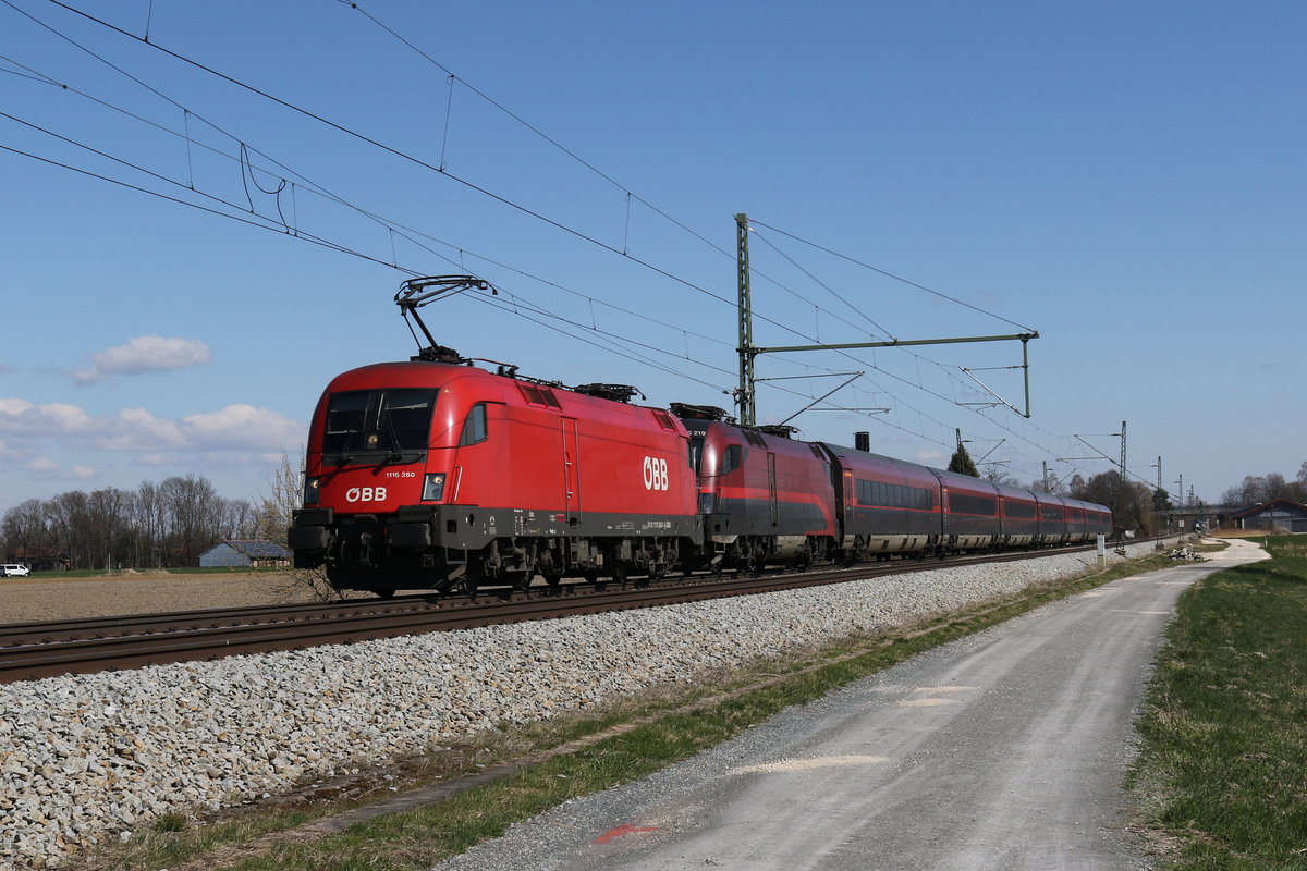 1116 260 war als Ersatzlok vor der defekten 1116 219 an einem Railjet im Einsatz. Aufgenommen am 23. M�rz 2020 bei �bersee am Chiemsee.