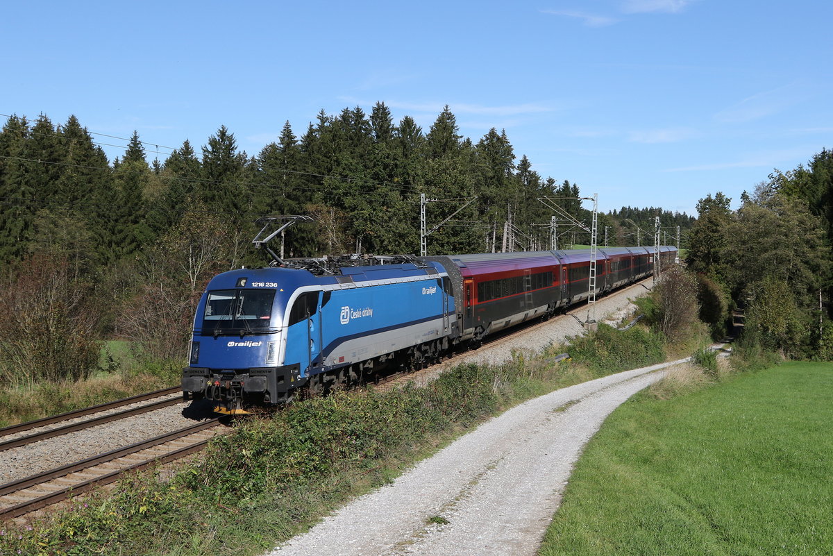 1216 236 schob am 9. Oktober 2020 einen Railjet bei Grabenst�tt in Richtung Salzburg.