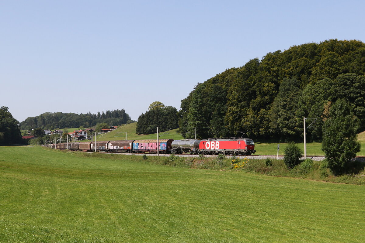 1293 197 mit einem gemischten G�terzug auf dem Weg nach Salzburg. Aufgenommen am 13. August 2025 bei Axdorf im Chiemgau.