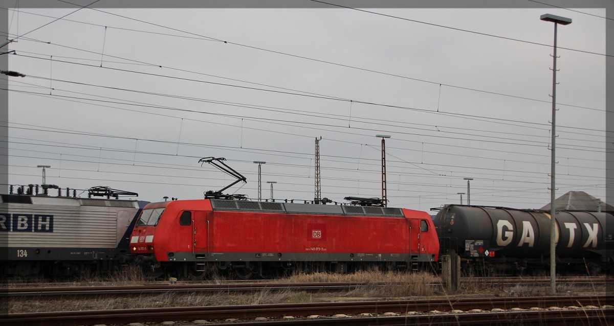 145 073 bei der Durchfahrt in Angermünde am 12.03.2016