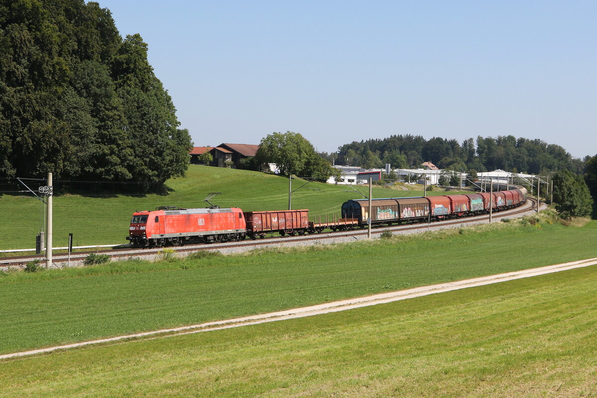 185 012 mit einem gemischten G�terzug aus Freilassing kommend am 22. August bei Axdorf.