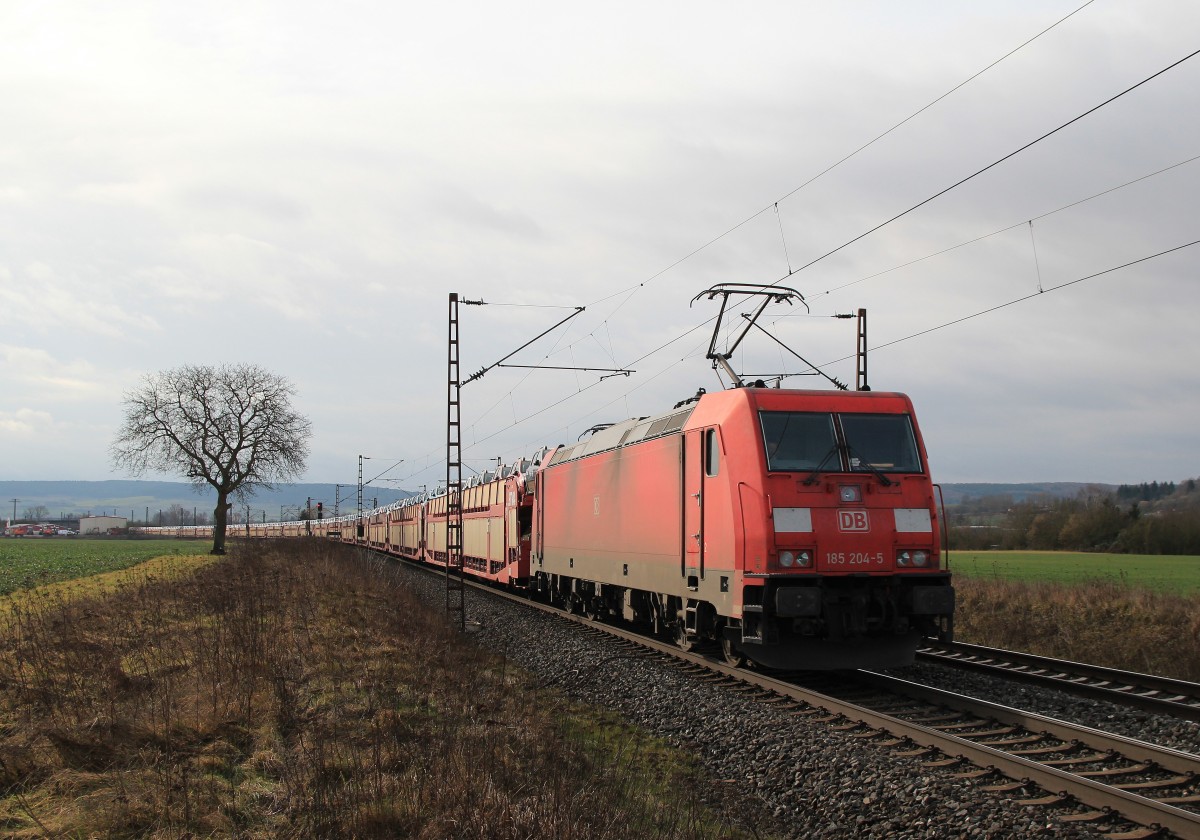 185 204-5 bef�rdert am 21. Februar 2014 einen Autozug bei Th�ngersheim durch das Maintal.