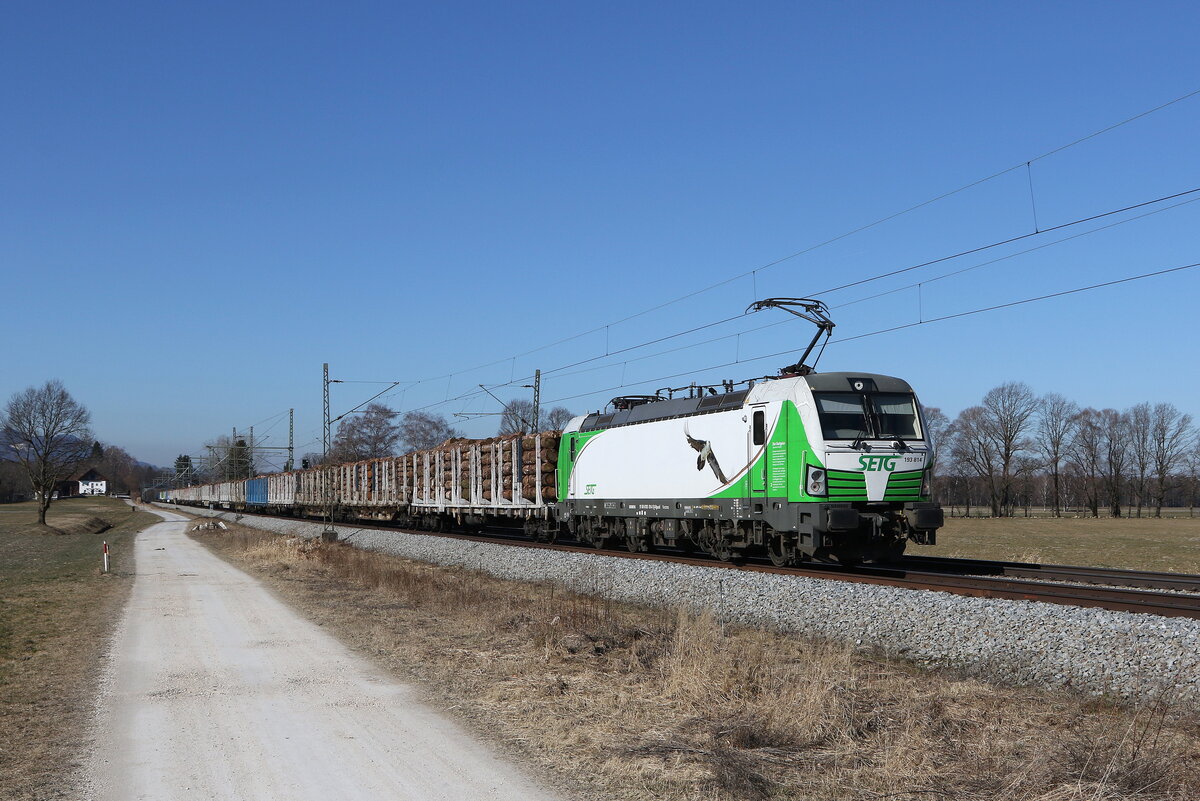 193 814  Bartgeier  war am 9. M�rz 2022 mit einem Holzzug bei �bersee in Richtung Freilassing unterwegs.