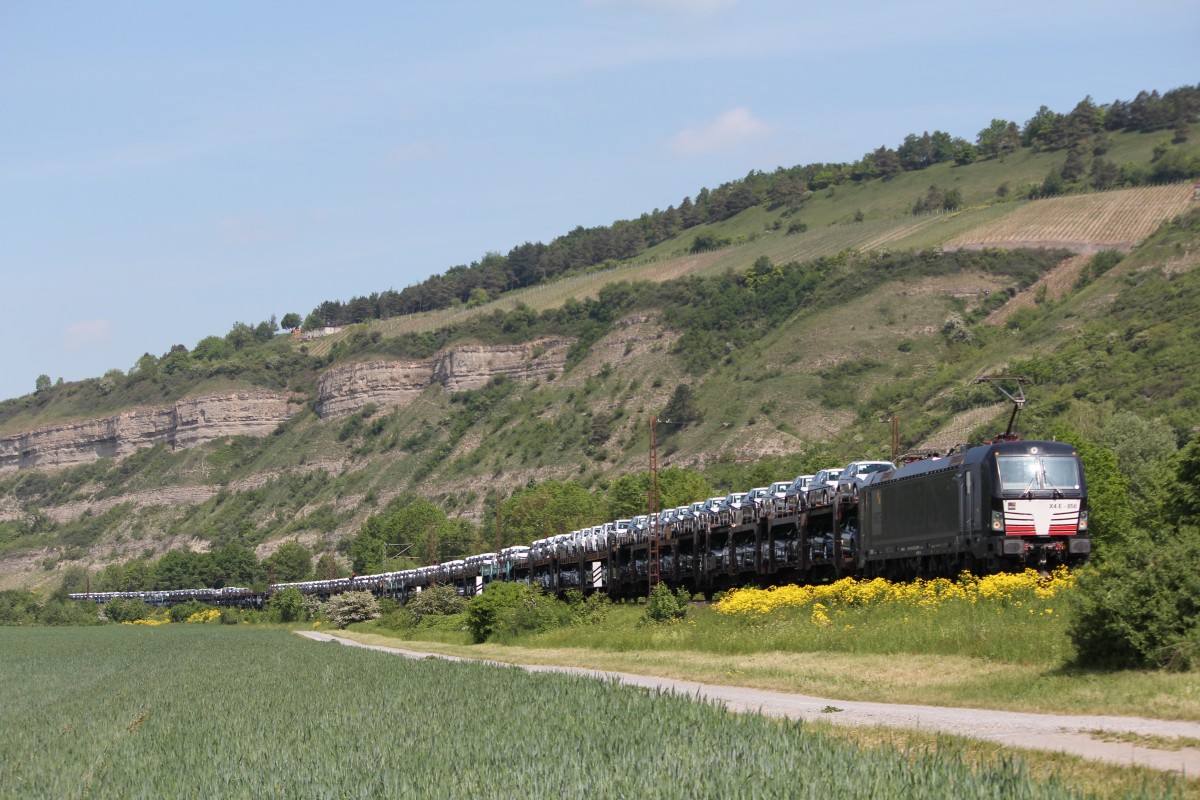 193 856 bef�rdert am 14. Mai 2015 einen Autozug durch das Maintal in Richtung W�rzburg. Aufgenommen kurz vor Th�ngersheim.
