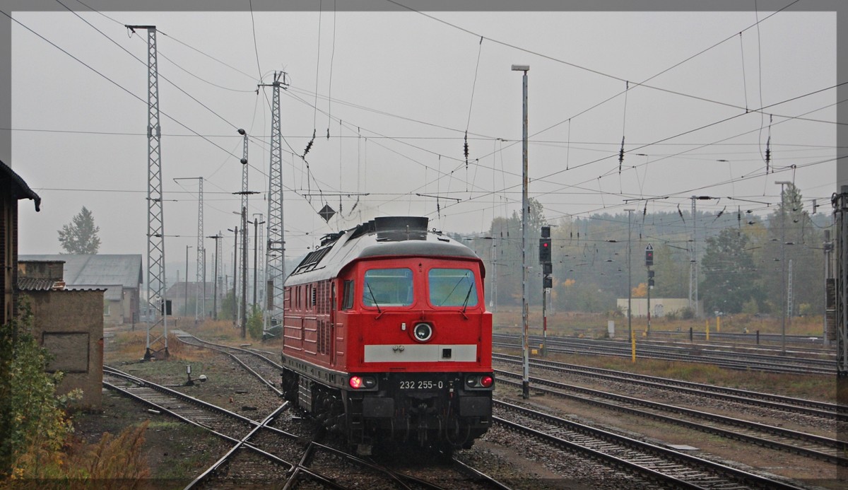 232 255 bei der Ausfahrt in Neustrelitz in Richtung Waren (an der Müritz) am 15.10.2015