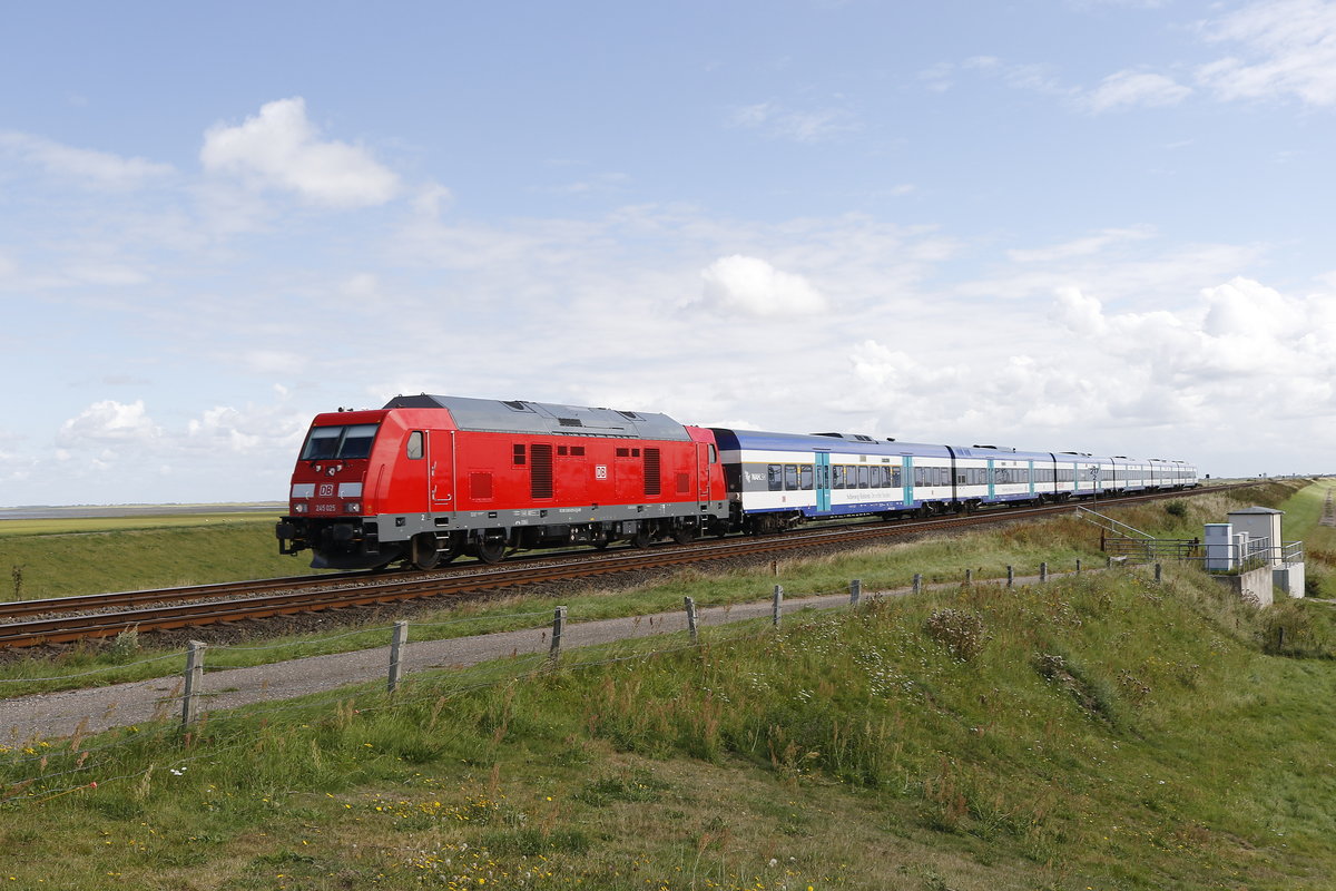 245 025 war am 13. August 2017 mit einem Regionalzug bei Klanxb�ll in Richtung Westerland unterwegs.