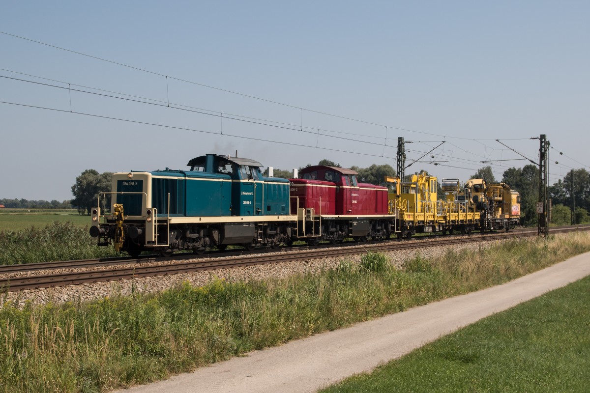 294 096-3 und 290 008-2 mit einem Bauzug am 9. August 2015 bei �bersee am Chiemsee.