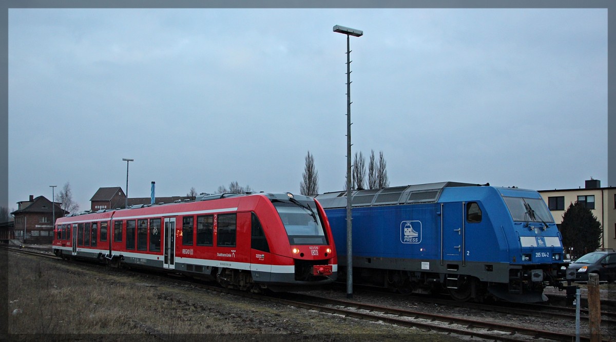 623 016 und 285 104 der Press abgestellt in Waren an der Müritz am 10.03.2016
