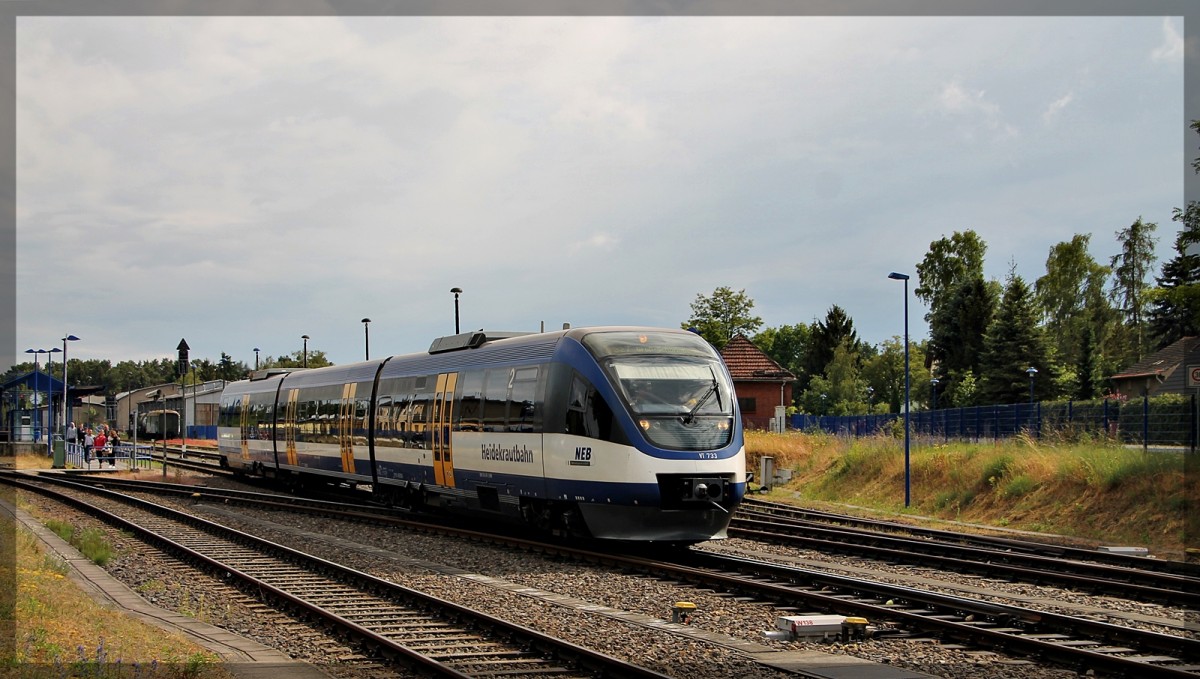 Der VT 733 der Niederbarnimer Eisenbahn am 20.06.2015 auf dem Weg nach Groß Schönebeck bei der Ausfahrt aus dem Bahnhof Basdorf am 20.06.2015