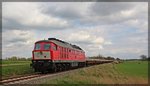 232 241 mit ihrem Schwellenzug aus Möllenhagen bei Kraase in Richtung Kargow am 18.04.2016